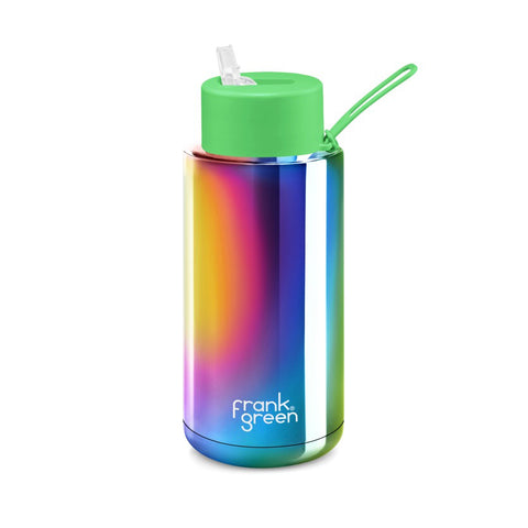 Insulated stainless steel bottle with drinking straw, 1000ml «Rainbow Chrome» - Frank Green