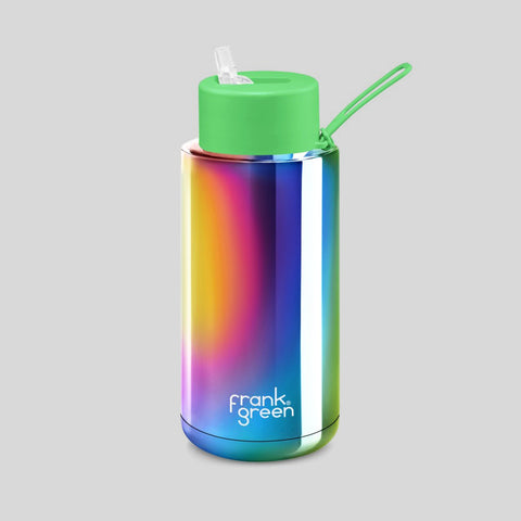Insulated stainless steel bottle with drinking straw, 1000ml «Rainbow Chrome» - Frank Green