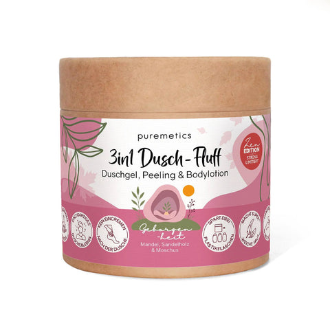 3in1 Dusch-Fluff «Geborgenheit - Mandel, Sandelholz & Moschus» - Puremetics