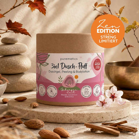 3in1 Dusch-Fluff «Geborgenheit - Mandel, Sandelholz & Moschus» - Puremetics