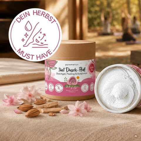 3in1 Dusch-Fluff «Geborgenheit - Mandel, Sandelholz & Moschus» - Puremetics